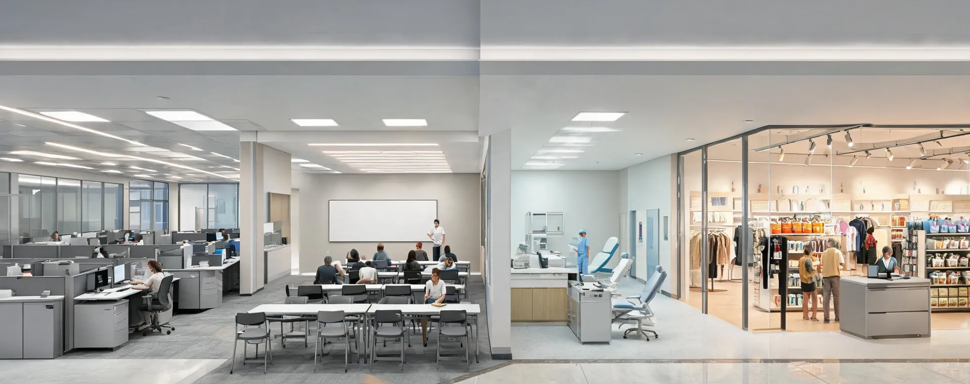 Commercial building with coordinated indoor lighting